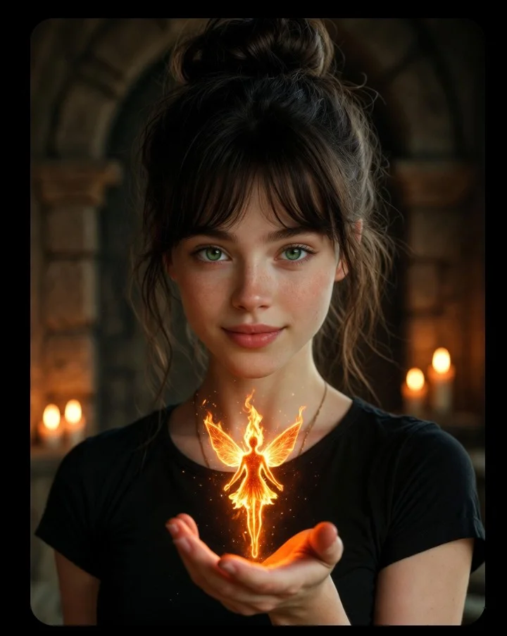 A woman holds a fiery fairy in dark candlelit ruins