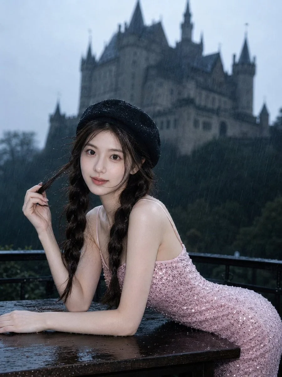 A woman in a black beret sits in the rain near a gothic castle