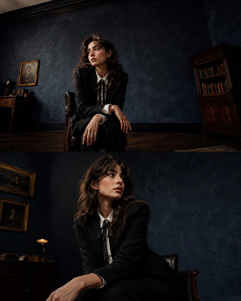 A woman in a black blazer sits elegantly in a vintage chair.