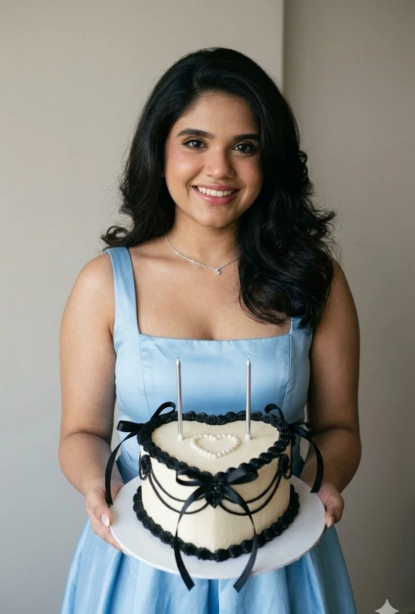 A woman in a blue dress holds a heart cake for her birthday
