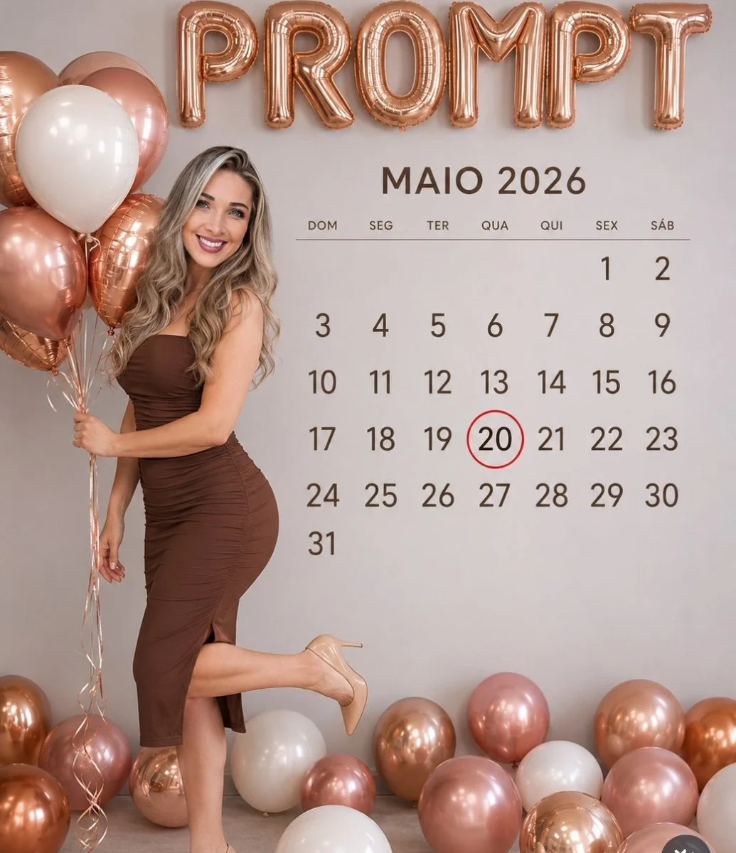 A woman in a chocolate dress holds balloons beside a calendar.