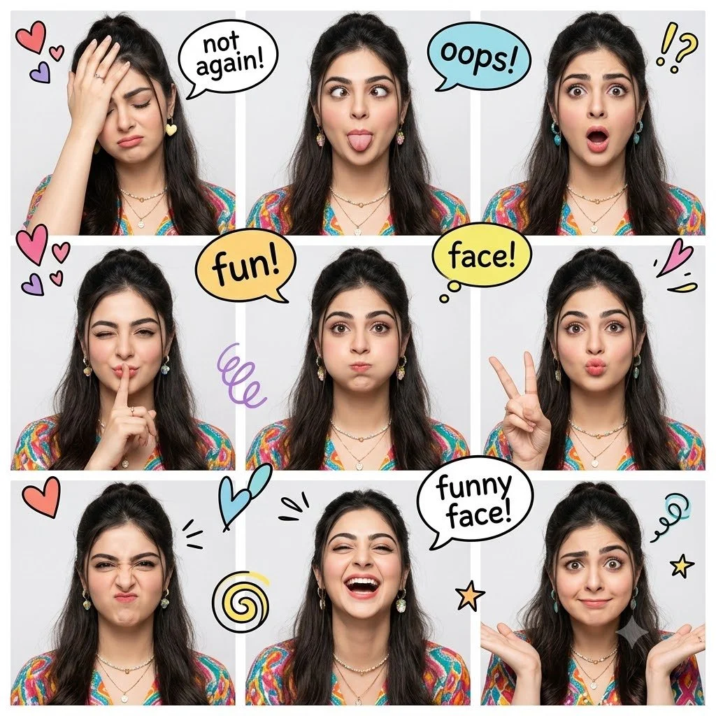 A woman in a colorful top shows nine funny expressions in a collage.