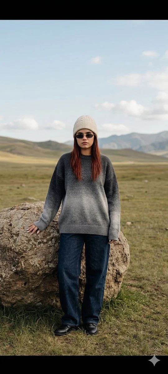 A woman in a cream beanie stands calmly beside a large rock.
