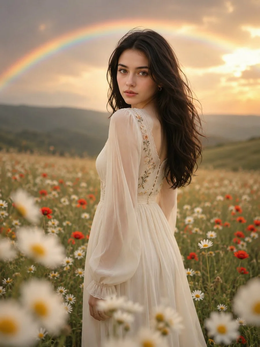 A woman in a cream dress smiles over her shoulder in a meadow