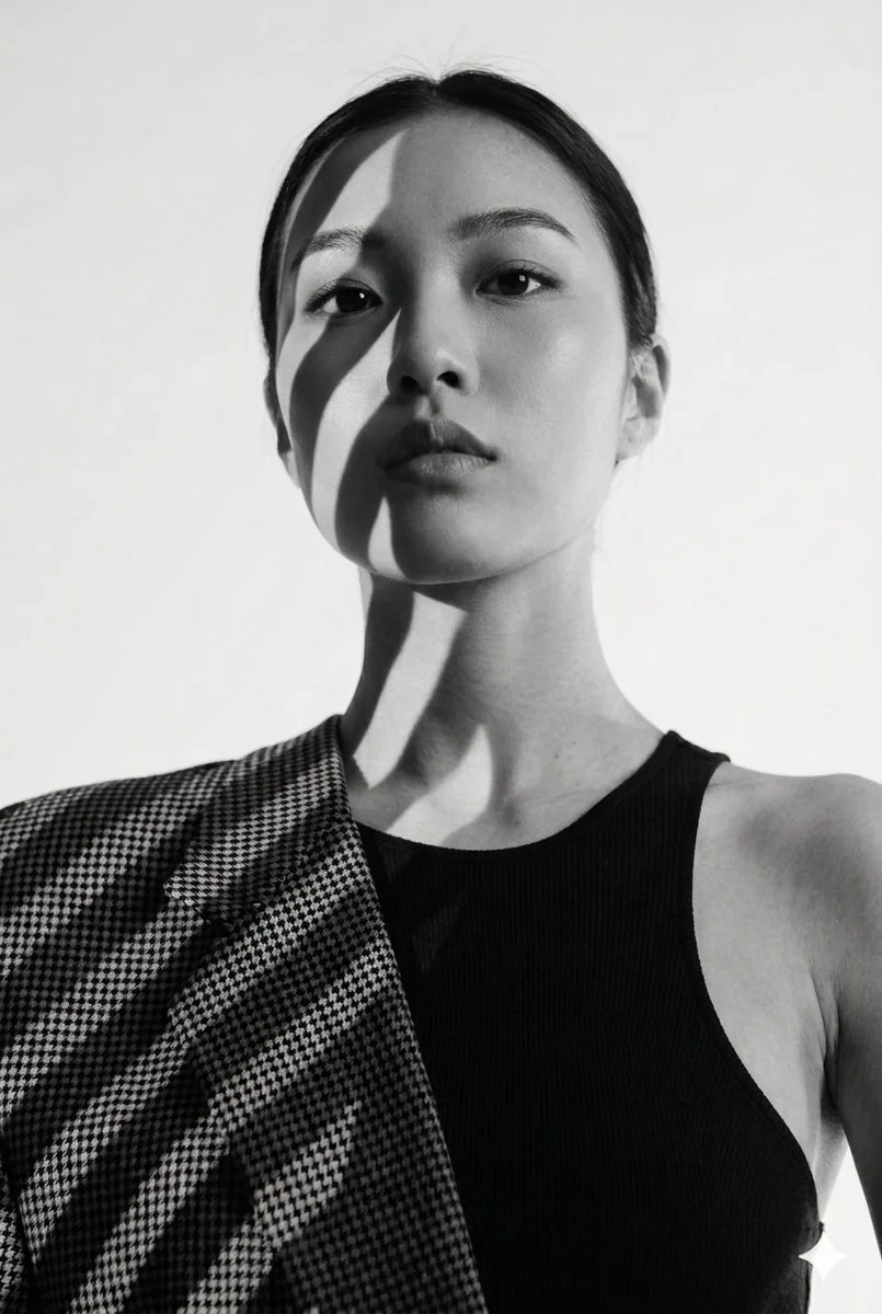 A woman in a houndstooth blazer poses with dramatic shadows