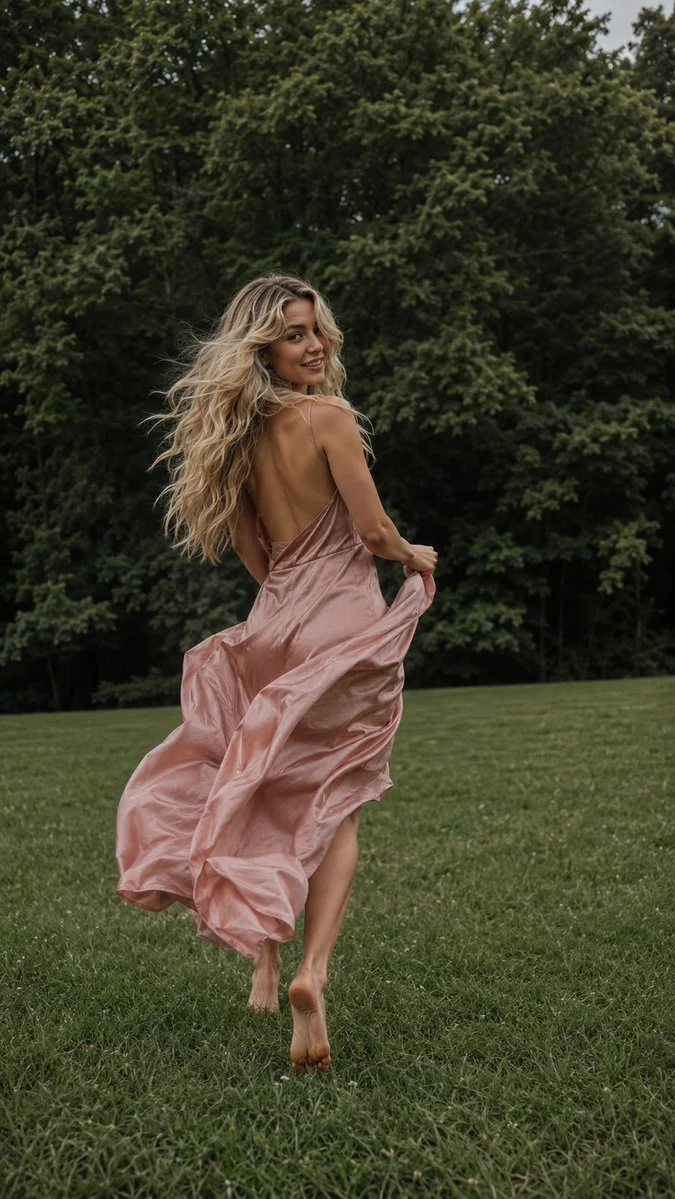 A woman in a pink satin dress runs barefoot across a grassy lawn.