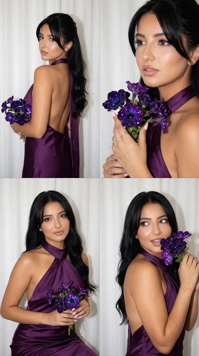 A woman in a purple satin dress holds galaxy petunias in a 2x2 collage.