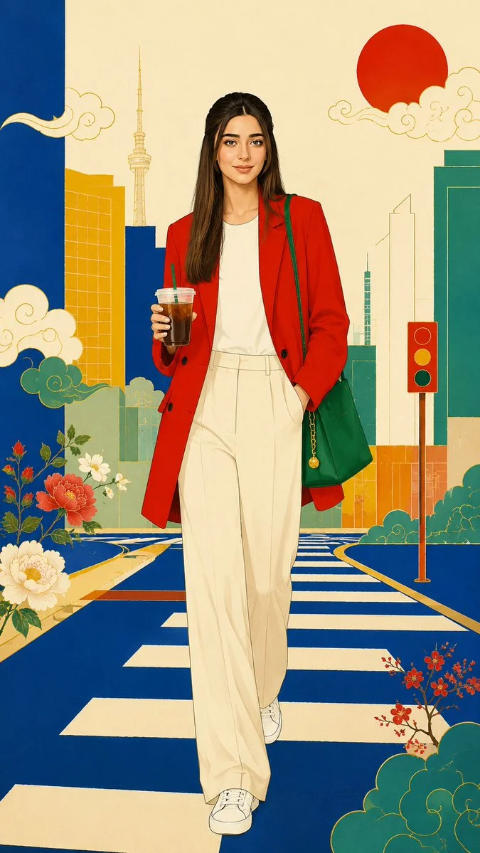 A woman in a red blazer walks across a Tokyo crosswalk