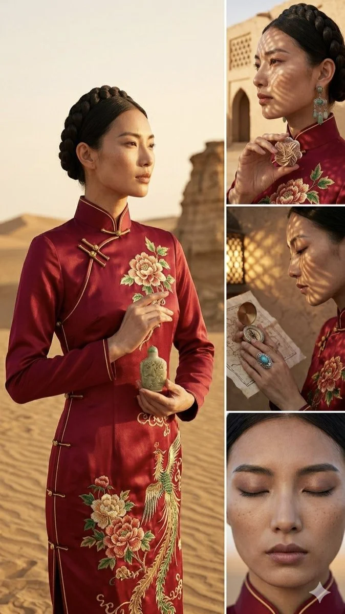 A woman in a red cheongsam stands in a desert at golden hour.