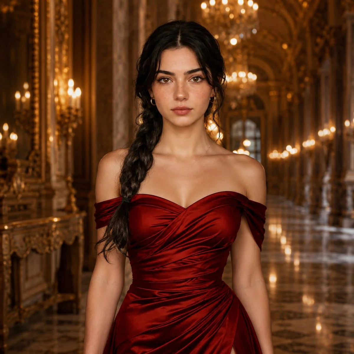 A woman in a red gown stands beneath golden chandeliers.