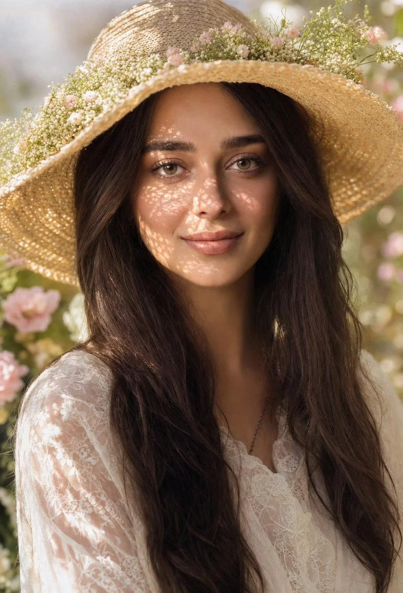 A woman in a straw hat bathes in soft summer sunlight