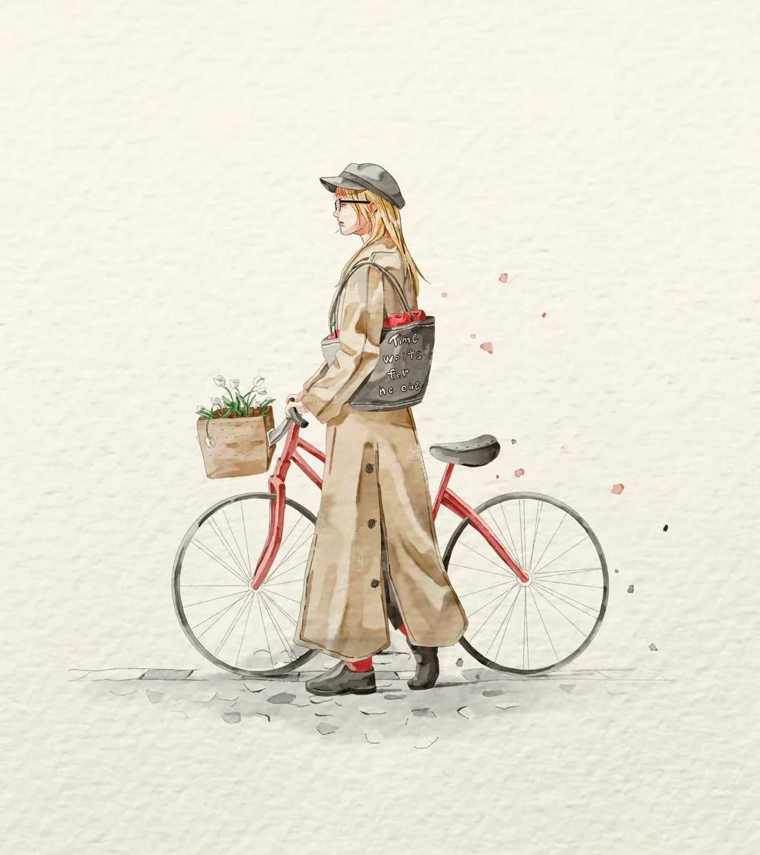 A woman in a trench coat walks beside a vintage red bicycle
