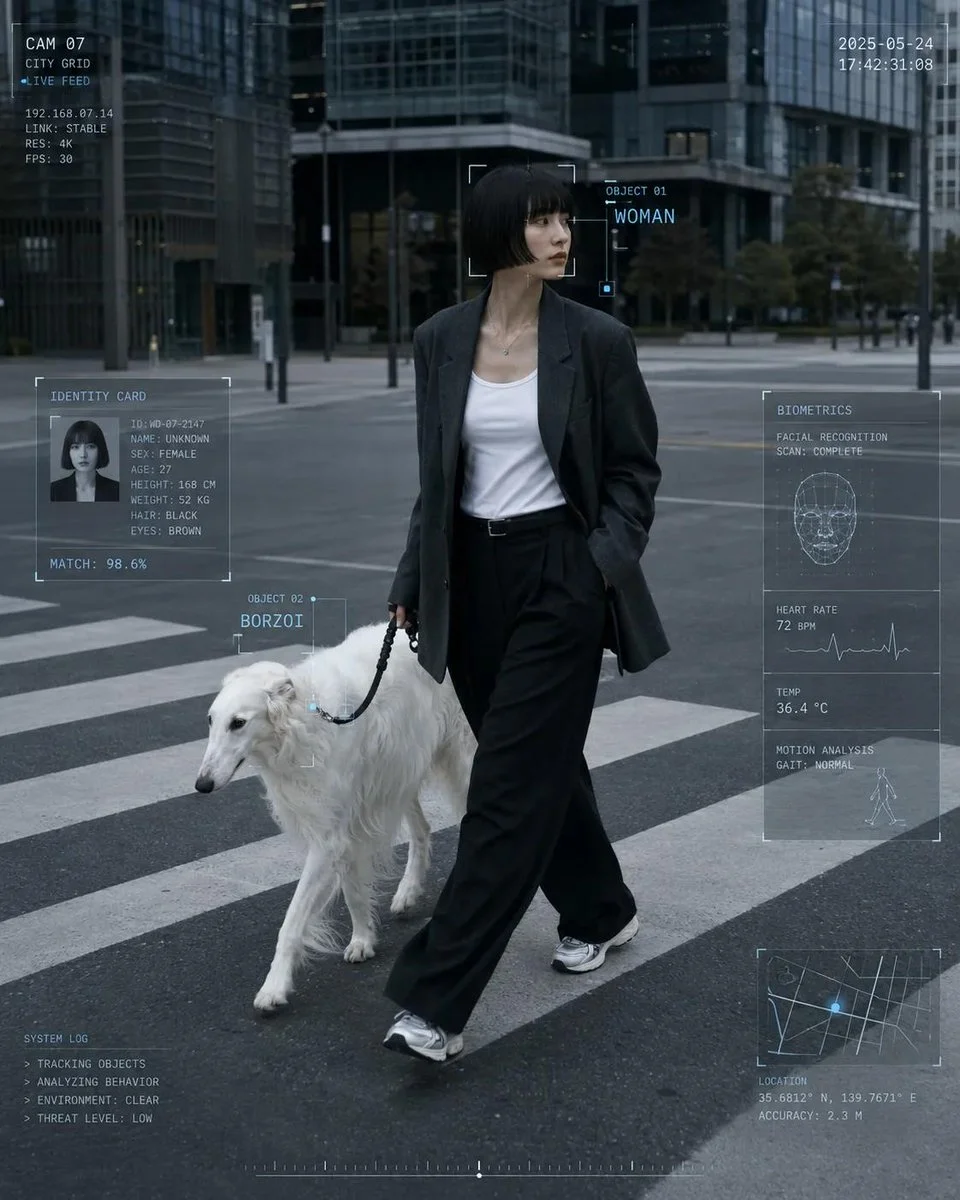 A woman in a trench coat walks through a rainy street with a wolf.