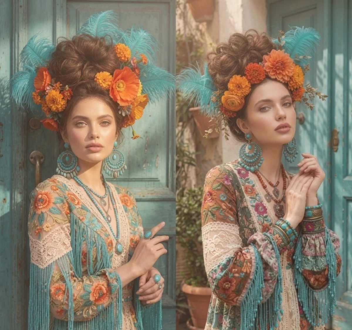 A woman in a turquoise feathered headdress poses by a blue door