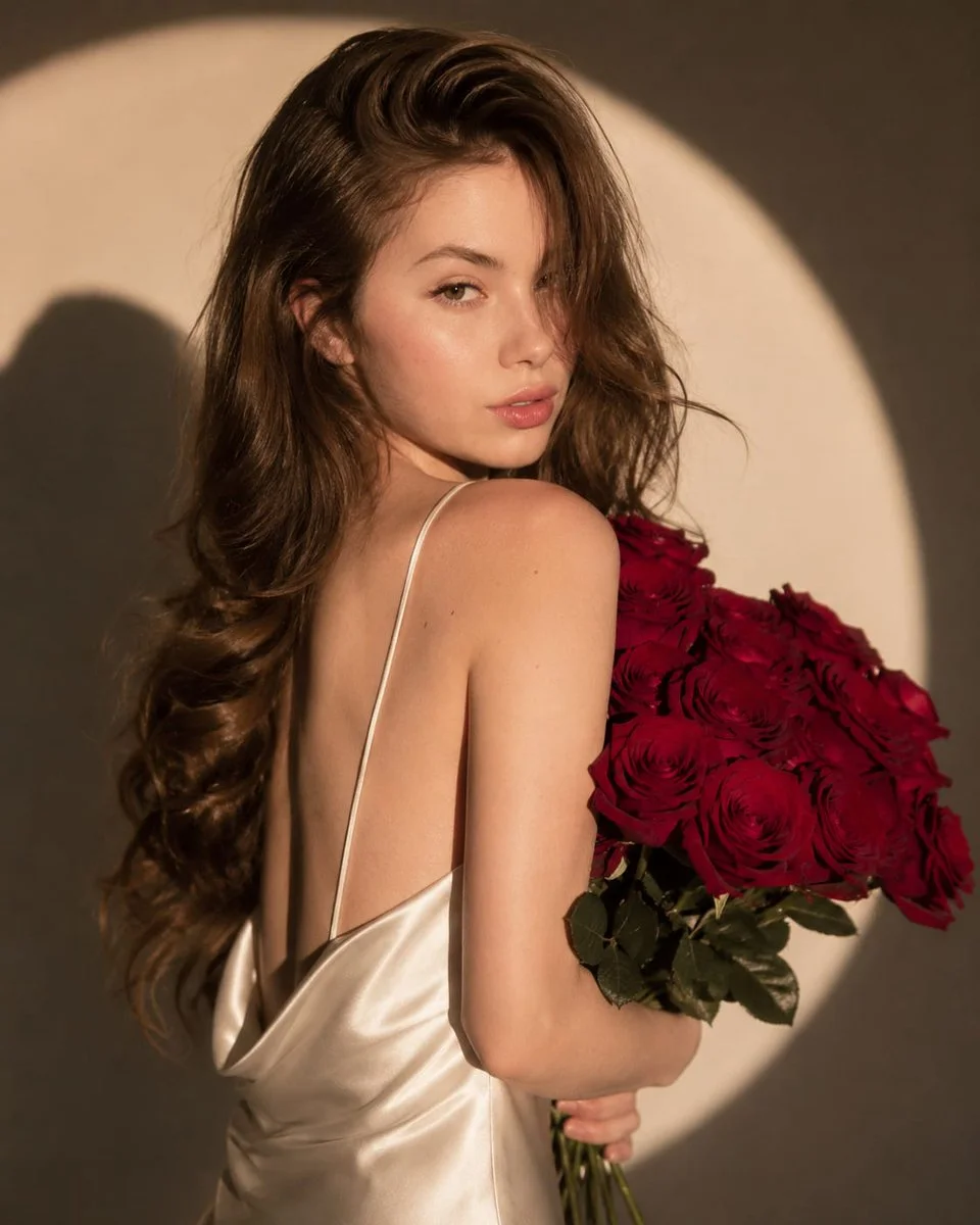 A woman in a white dress turns with red roses under a spotlight.