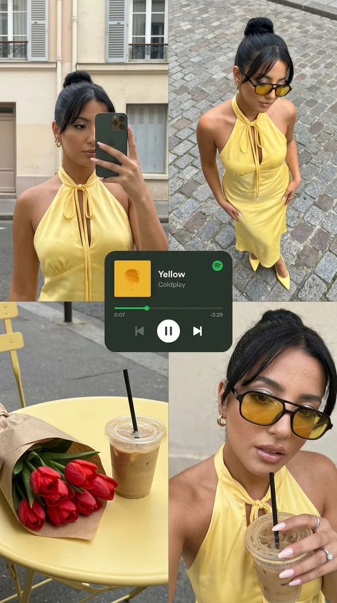 A woman in a yellow dress shines in a sunny street collage
