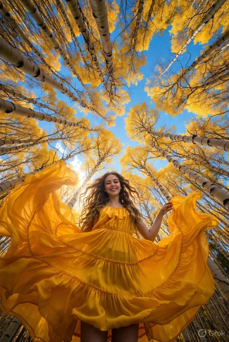 A woman in a yellow gown spins beneath golden autumn trees