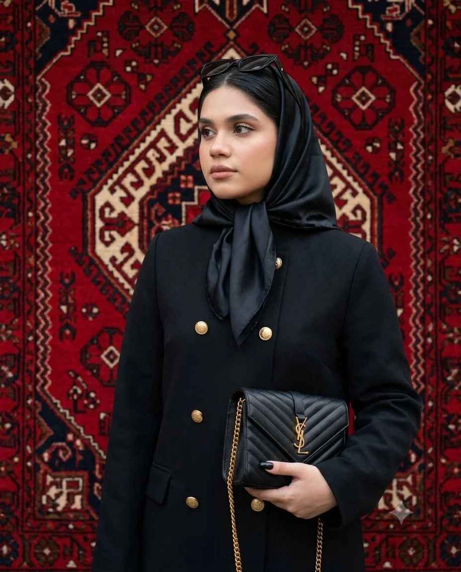 A woman in black stands before a red geometric rug.