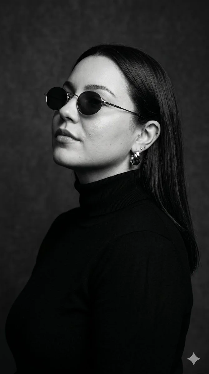 A woman in black turtleneck lifts her chin with confidence