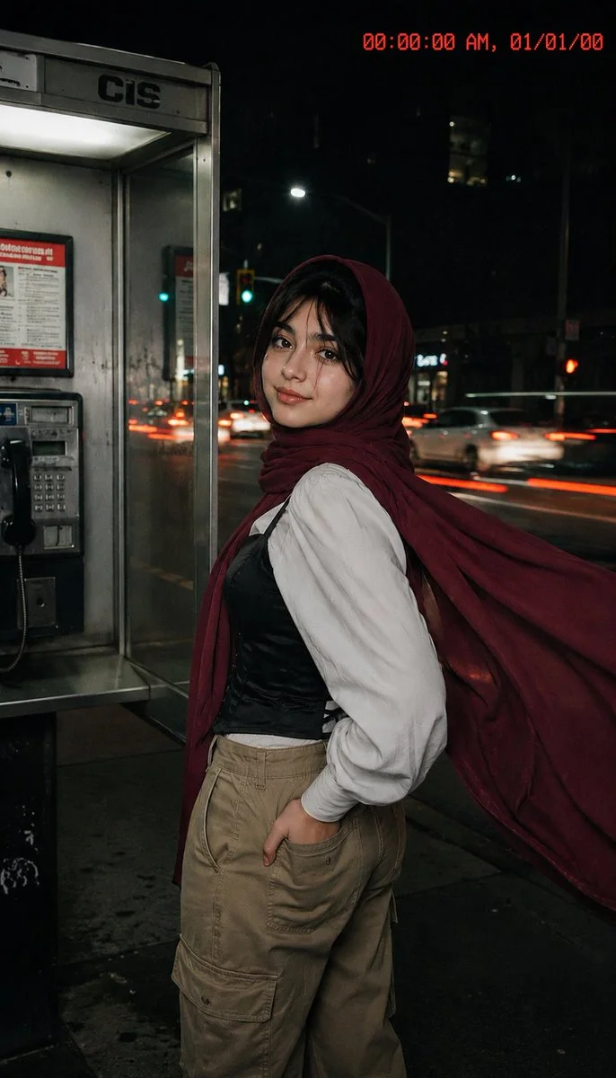 A woman in burgundy hijab poses by a phone booth at night