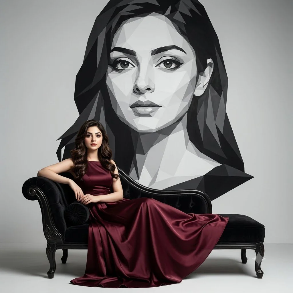 A woman in burgundy satin poses before her geometric portrait
