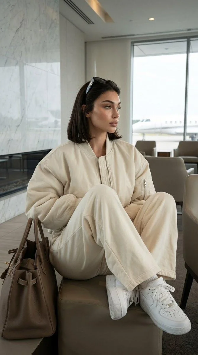 A woman in cream bomber jacket reclines in a private terminal lounge.