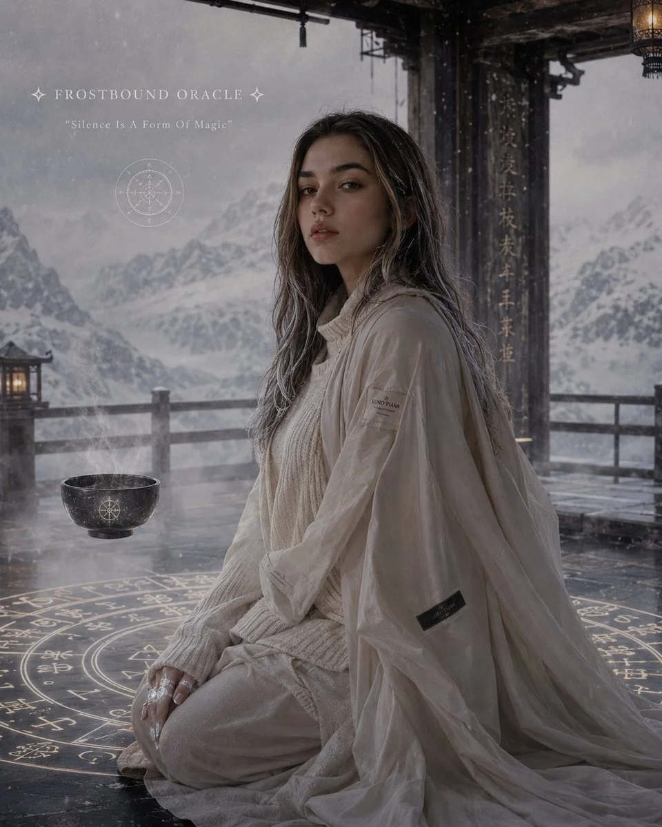 A woman in cream knit sits in seiza at a celestial ryokan