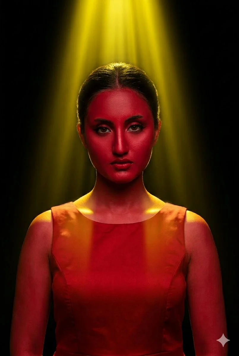 A woman in crimson red stares intensely under a yellow spotlight