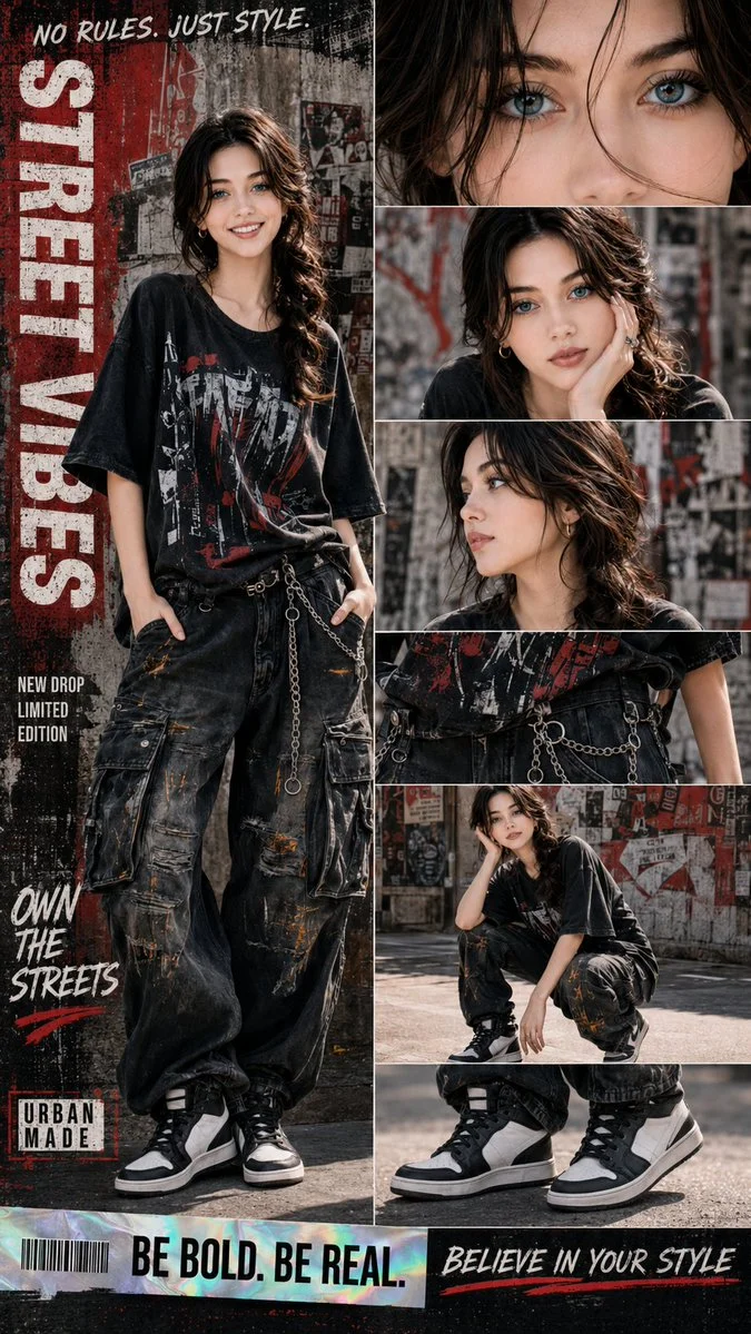 A woman in distressed streetwear poses for a cinematic fashion poster