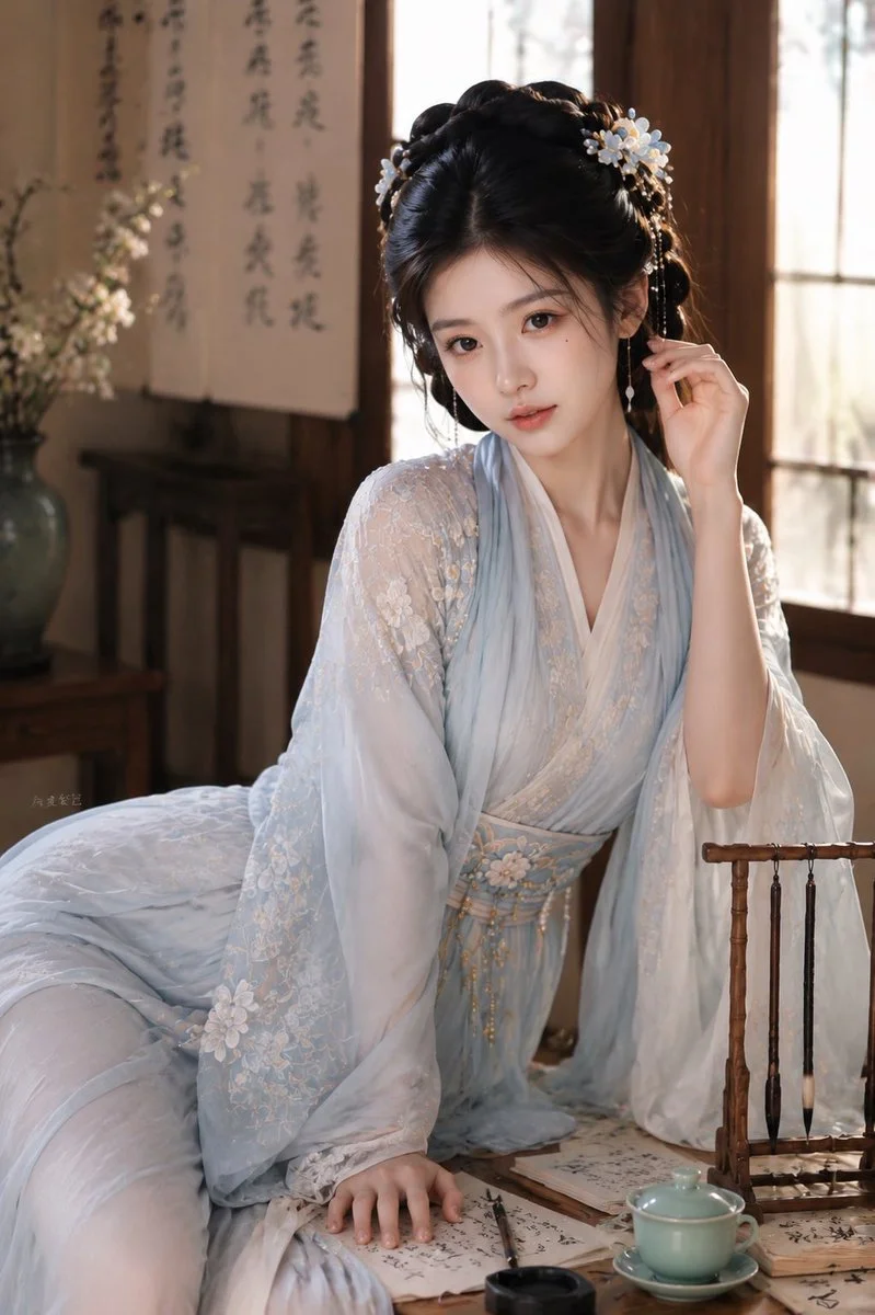 A woman in flowing Hanfu sits on a wooden desk with sunlight streaming in