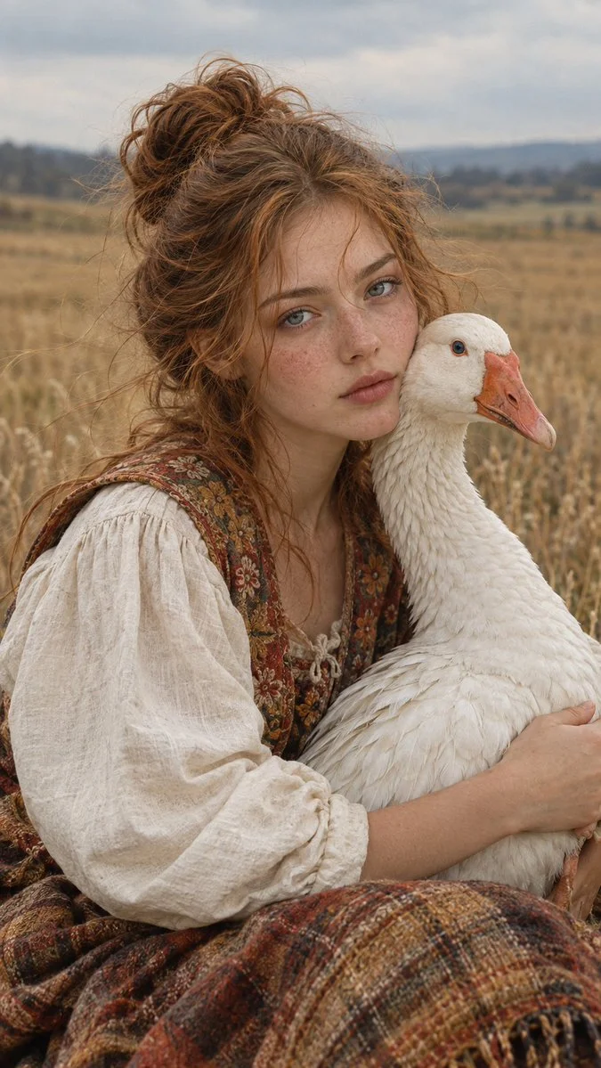 A Woman in Folk Attire Embraces a White Goose in a Golden Field