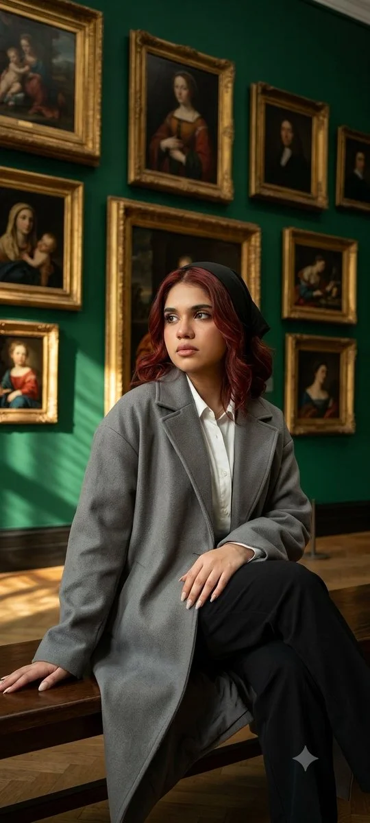 A woman in gray coat sits pensively in a green gallery