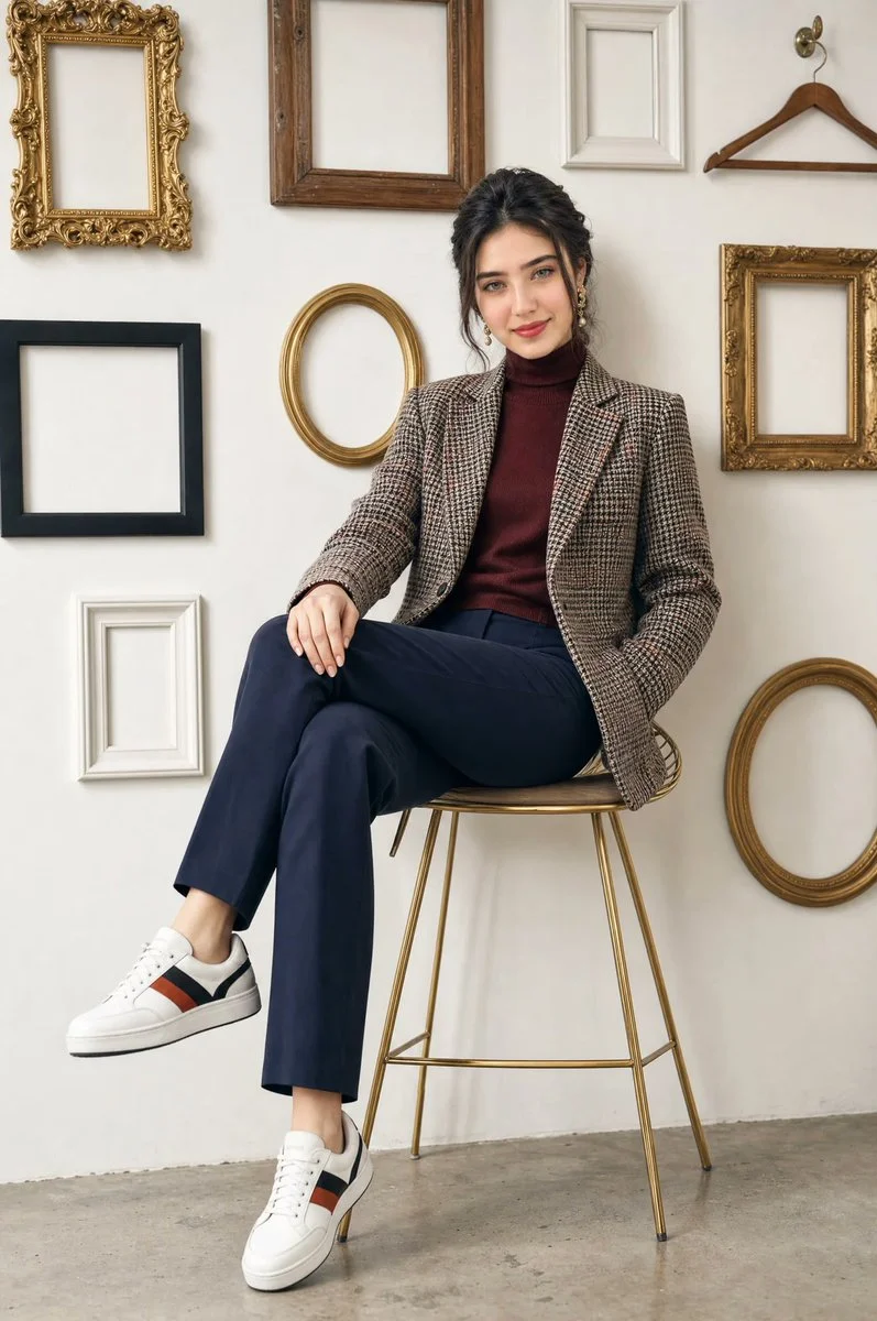 A woman in houndstooth blazer sits confidently on gold stool