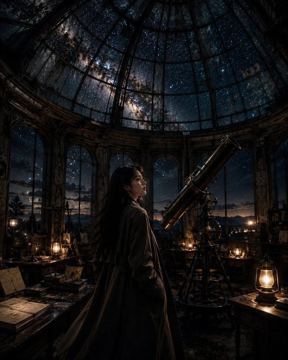 A woman in ivory coat observes stars through cracked dome glass.