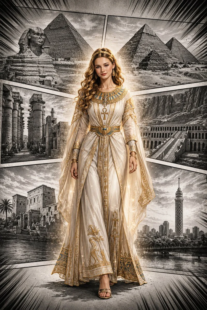A woman in ivory Egyptian couture walks through ancient temples.