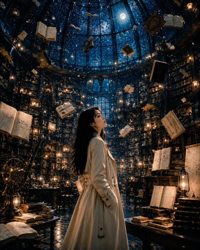 A woman in ivory trench coat reads floating books in moonlight