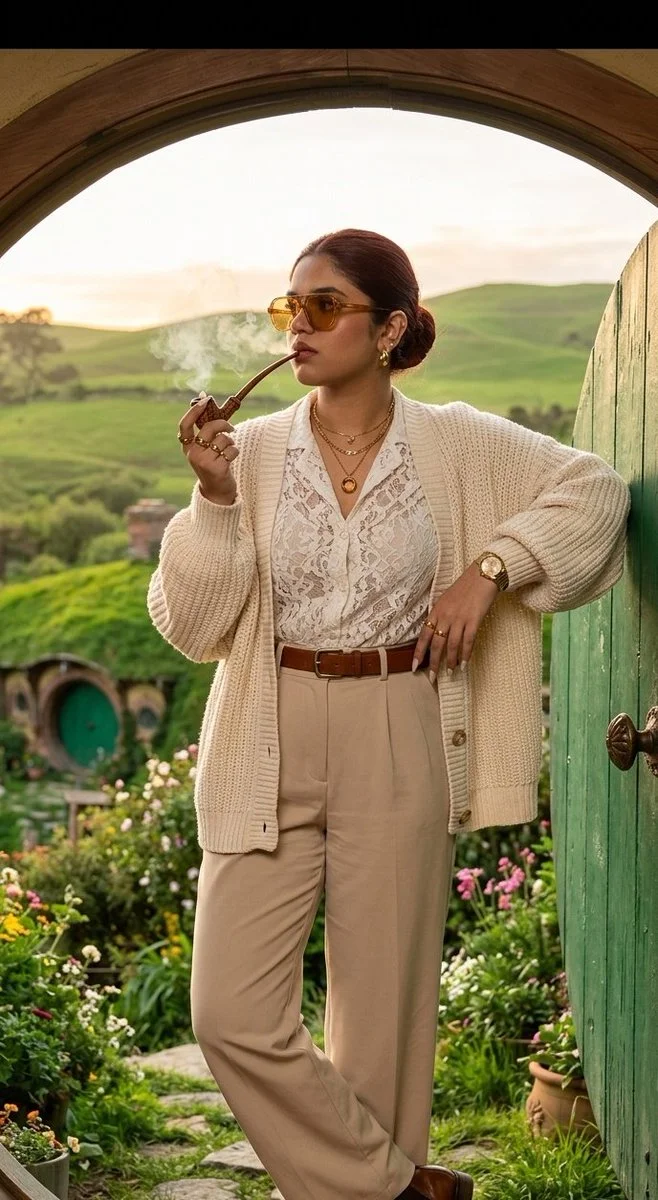 A woman in luxury hobbit fashion leans against Bag End's green door