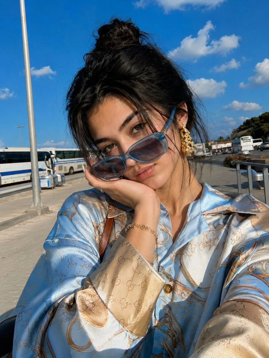 A woman in oversized sunglasses smirks under bright sunlight