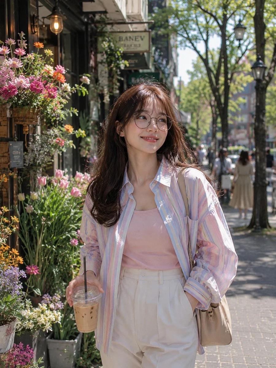 A woman in pastel stripes strolls through a sunlit flower-lined street