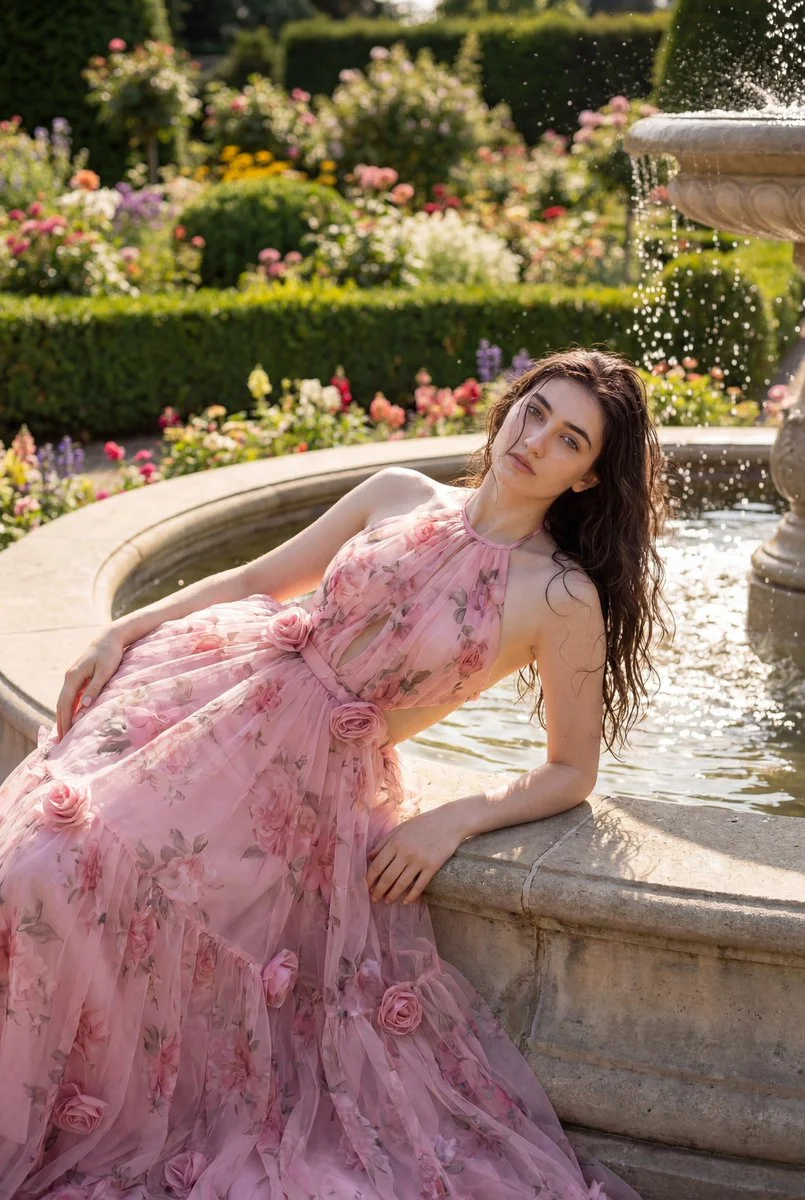 A woman in pink floral gown reclines by a sparkling fountain