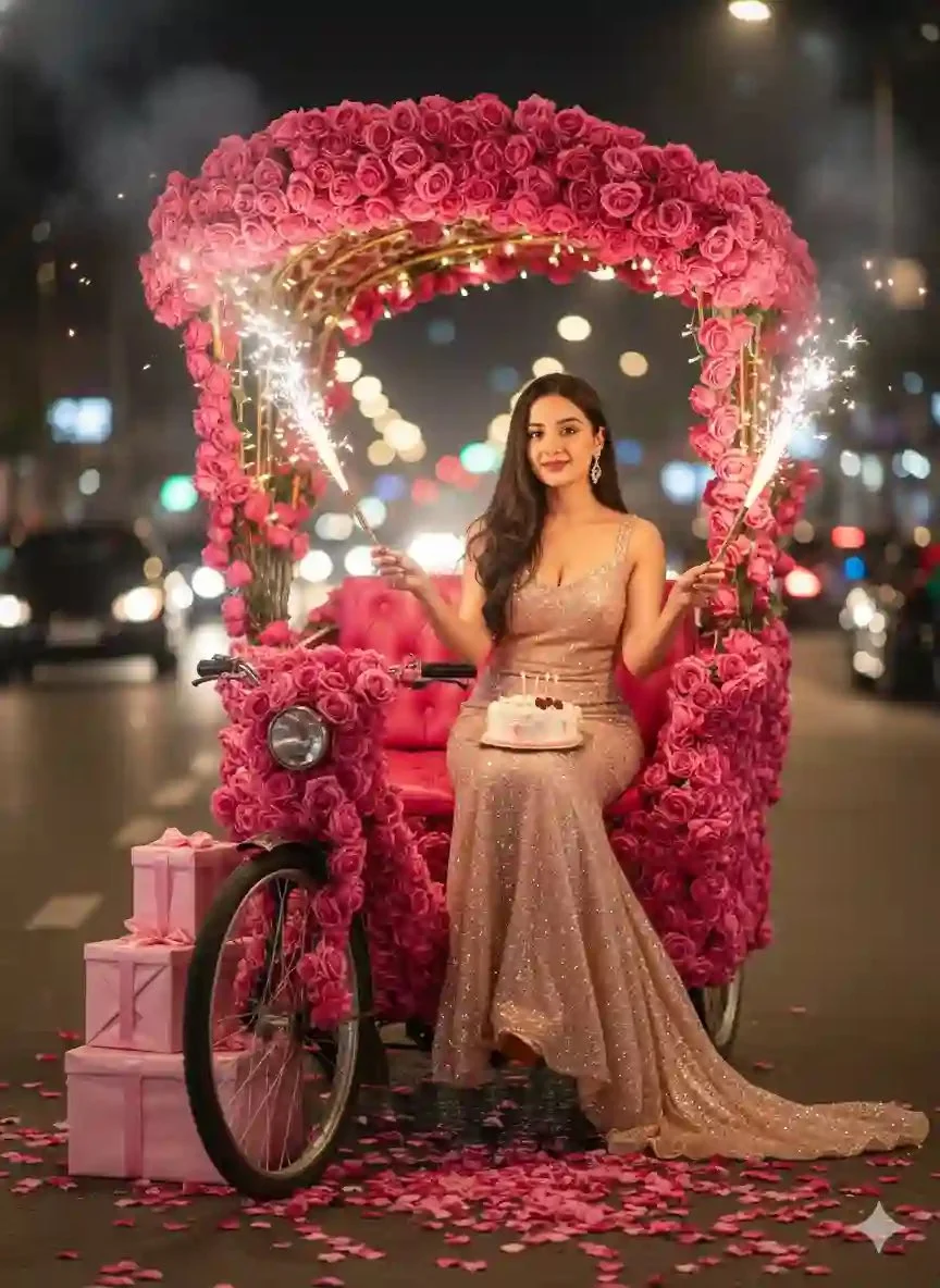 A woman in rose-gold gown holds sparklers on a decorated rickshaw.