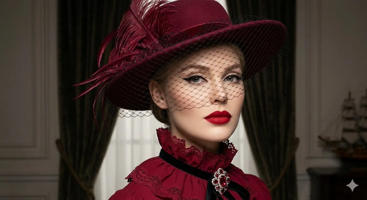 A woman in ruby hat with veil poses in vintage glamour style.