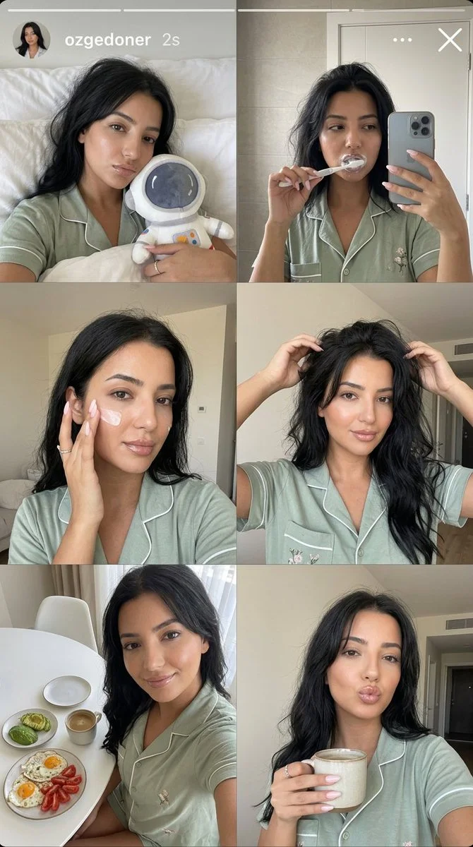 A woman in sage pajamas takes six playful morning selfies