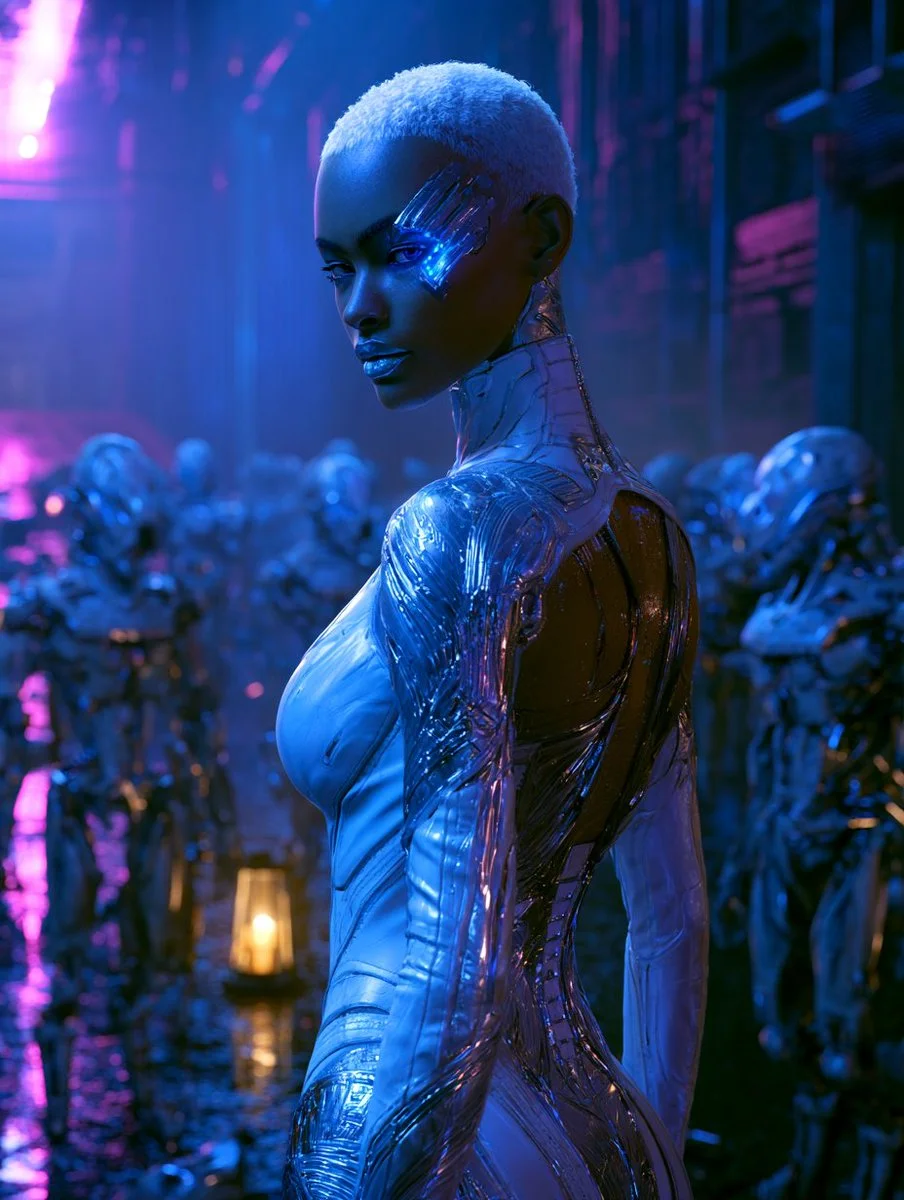 A woman in white chrome suit stands victorious over deactivated drones