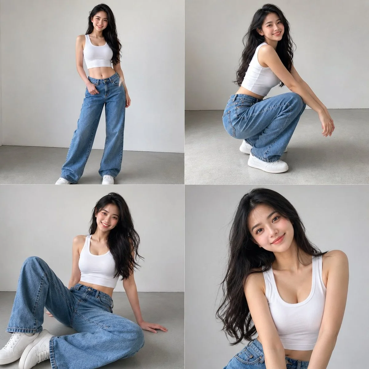 A woman in white top and jeans poses casually in studio
