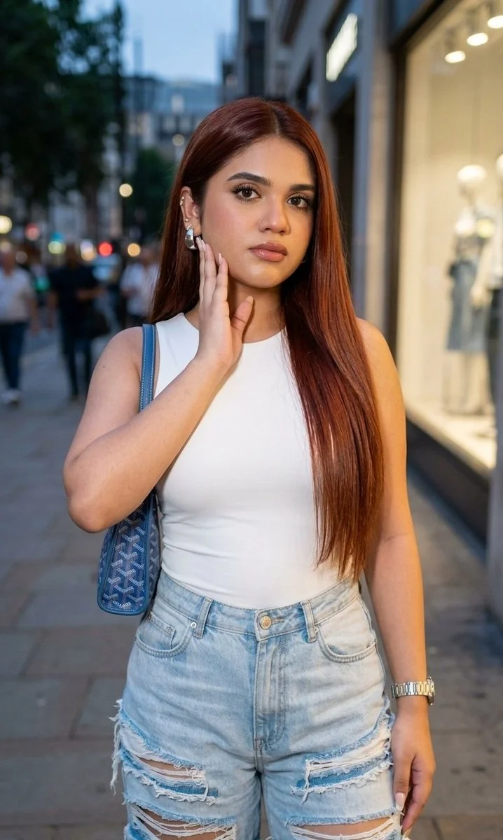 A woman in white top and ripped jeans walks through city streets.