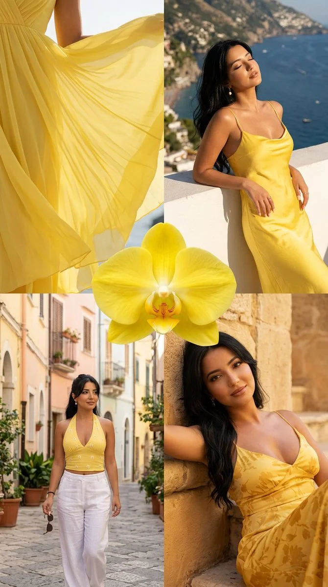 A woman in yellow dresses glows across four Italian summer scenes