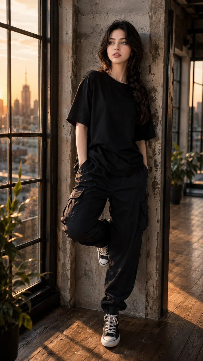 A woman leans against a concrete wall in golden sunset light