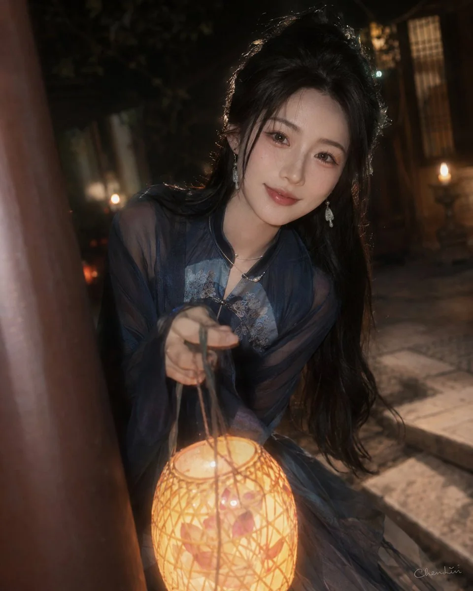 A woman leans forward with a lantern, her smile glowing in the night.