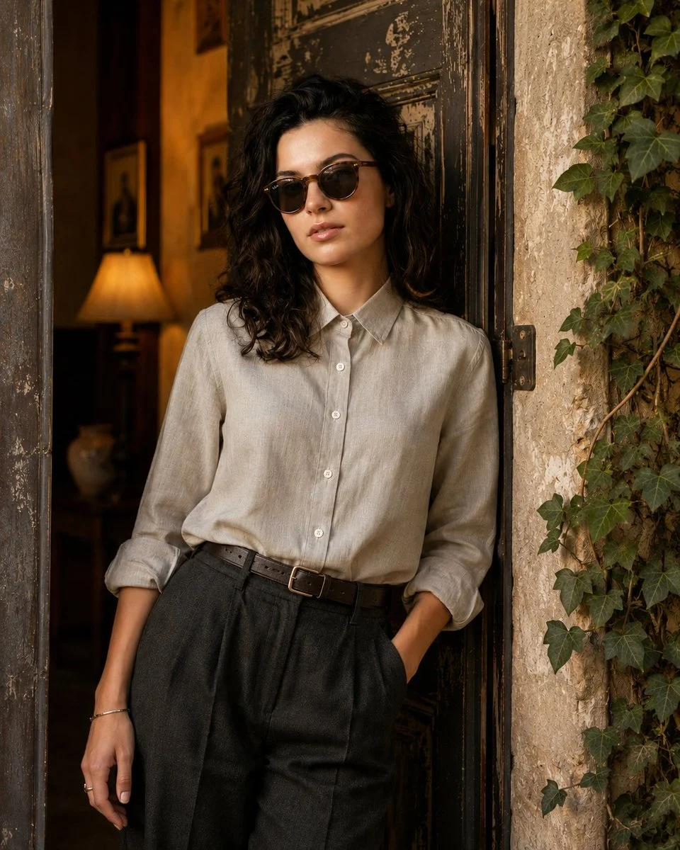 A woman leans in a rustic doorway during golden hour light